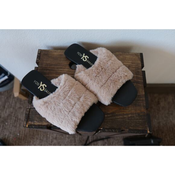 Yosi Samra Womens Nori Faux Fur Slides, Tan, Size 6 - Picture 1 of 5
